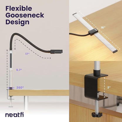 Neatfi Modern Desk Lamp with Clamp, Touch & Remote Controlled, 15W, Adjustable Color Temperature (3000K-6000K), Stepless Dimming, Flicker-Free, Wide-Angle Lighting for Home (Gooseneck, Silver) - LeafyLoom