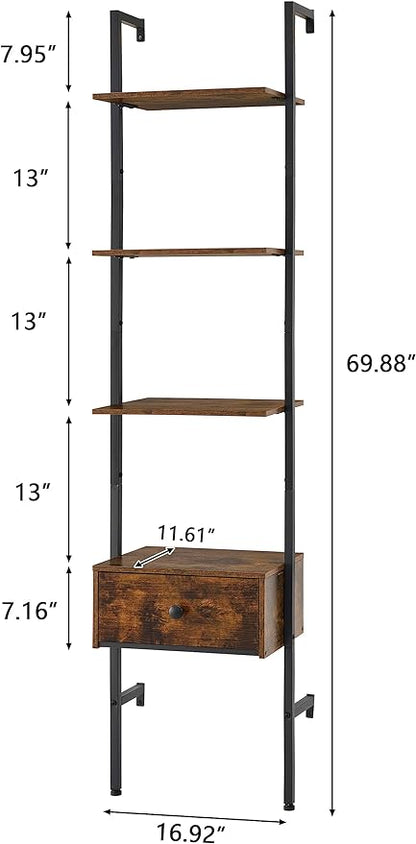 Tajsoon Ladder Shelf, Tall Bookcase with Storage Drawers, 4-Tier Wood Wall Mounted Bookshelf, Open Display Rack, Storage Shelves for Bedroom, Home Office, Collection, Plant Flower, Rustic Brown - LeafyLoom