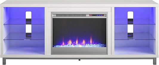 Ameriwood Home Lumina Fireplace TV Stand for TVs up to 70 Inch, Replaceable Electric Fireplace Insert Heater, Remote Control, Timer, Color Changing LED Lights, Crystal Ember Flames, White - LeafyLoom