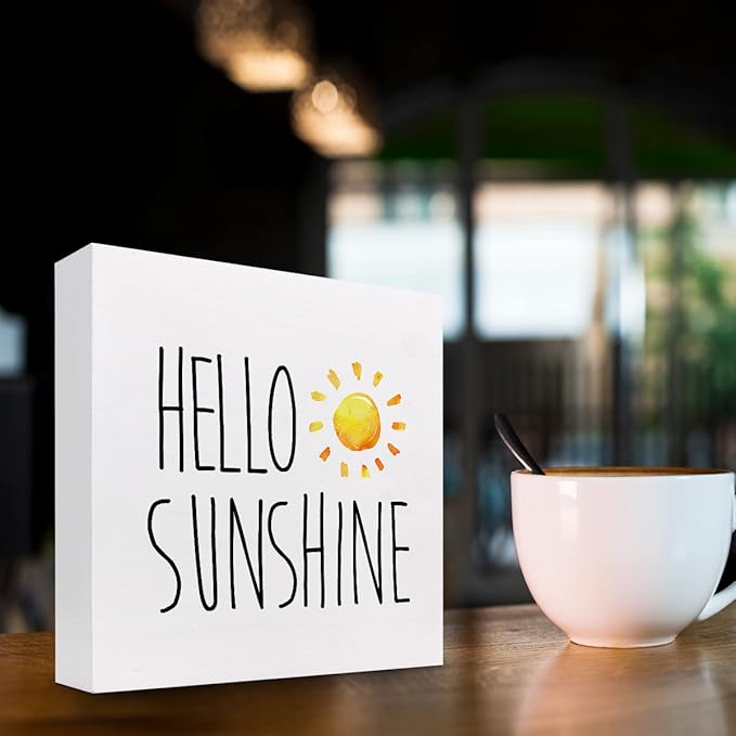 Hello Sunshine Wood Box Sign Decor Desk Sign,Farmhouse Rustic Summer Sunshine Wooden Box Block Sign for Home Office Shelf Table Decor Decorations - LeafyLoom