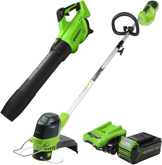 Greenworks 40V (550 CFM / 130 MPH) Brushless Axial Blower + Trimmer, 4.0Ah USB Battery and Charger Included - LeafyLoom