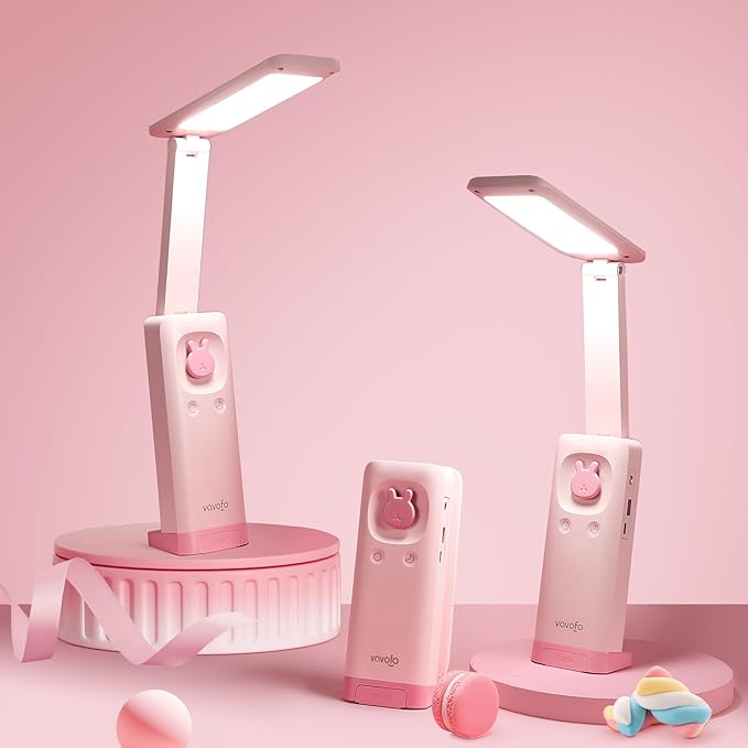 VAVOFO Desk Lamp Foldable Portable Cute Desk Lamp, Battery Powered Desk Lamp, Built-in 6000mAh Rechargeable, 3 Color Warm Pink Desk Lamp, USB C Rechargeable Desk Lamp, Cordless Desk Lamp, Battery Lamp - LeafyLoom