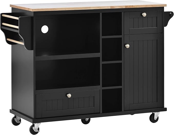 Mobile Cart with Storage Cabinet & Solid Wood Desktop, Kitchen Island on Wheels w/Adjustable Shelf and Drawer, Floor Standing Buffet Server Sideboard for Dining Room, Bar, Black, 50.8 Inch - LeafyLoom