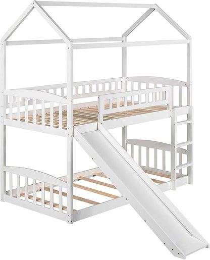 Twin Over Twin Bunk Bed with Slide for Kids Bedroom,Solid Pinewood Bedframe,House Bunkbeds w/Safety Guardrails & Roof Design,No Box Spring Needed, White - LeafyLoom