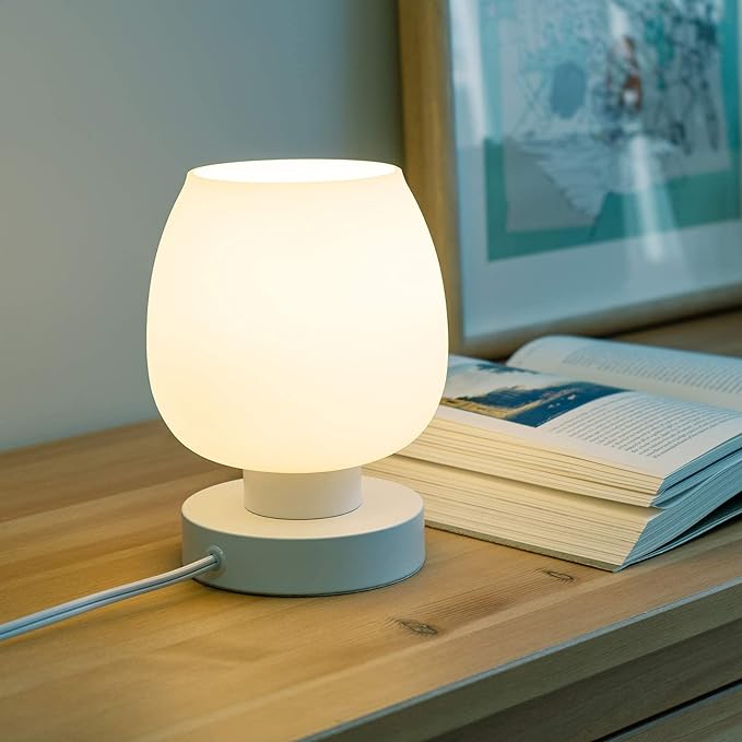 Touch Bedside Table Lamp - Modern Small Lamp for Bedroom Living Room Nightstand, Desk lamp with White Opal Glass Lamp Shade, Warm LED Bulb, 3 Way Dimmable, Simple Design Mother's Day Gifts - LeafyLoom