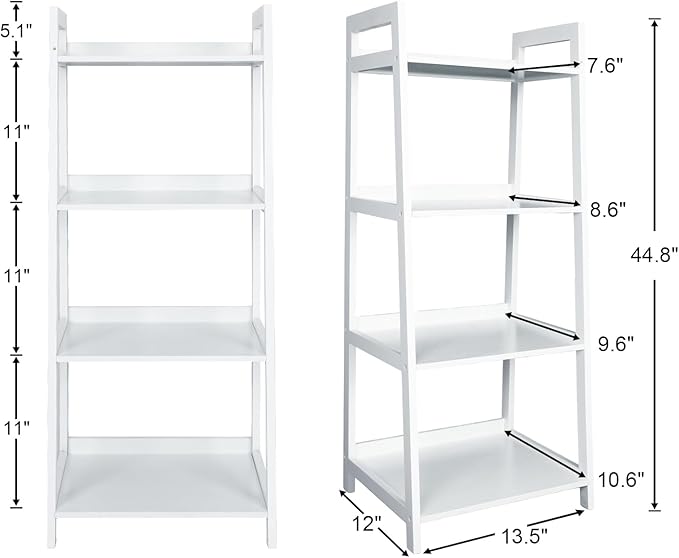 ECOMEX 4-Tier Ladder Shelf, Solid Pine Frame, 20 lbs Capacity per Partition, Modern Style, Home Office, Bedroom (White) - LeafyLoom