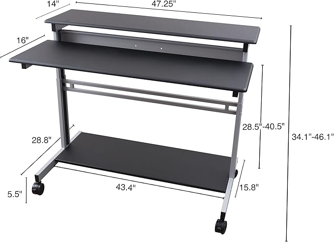 Stand Up Desk Store Rolling Adjustable Height Two Tier Standing Desk Computer Workstation (Silver Frame/Black Top, 48" Wide) - LeafyLoom