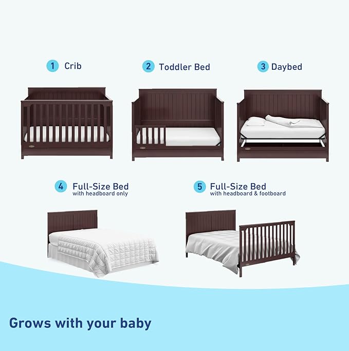 Graco Hadley 5-in-1 Convertible Crib with Drawer (Espresso) – Crib with Drawer Combo, Includes Full-Size Nursery Storage Drawer, Converts from Baby Crib to Toddler Bed, Daybed and Full-Size Bed - LeafyLoom