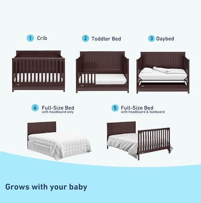 Graco Hadley 5-in-1 Convertible Crib with Drawer (Espresso) – Crib with Drawer Combo, Includes Full-Size Nursery Storage Drawer, Converts from Baby Crib to Toddler Bed, Daybed and Full-Size Bed - LeafyLoom