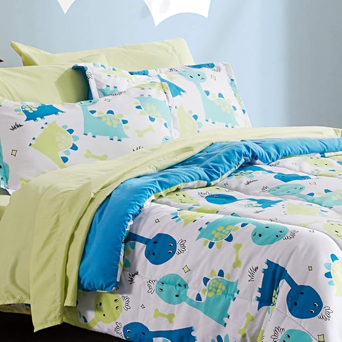 SLEEP ZONE Kids Bedding Comforter Set Full/Queen Size - Super Cute & Soft Kids Bedding 7 Pieces Set with Comforter, Sheet, Pillowcase & Sham (Cute Dino) - LeafyLoom