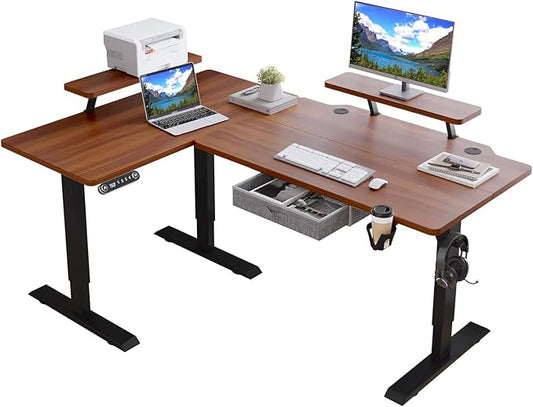 62x47 Inches L Shaped Electric Standing Desk with Drawer, Adjustable Height Sit Stand Up Desk with Storage Shelf, Dark Walnut Top/Black Frame - LeafyLoom