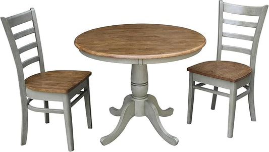 IC International Concepts 36" Round Top Pedestal Table with 2 Emily Chairs-Set of 3 Pieces Dining Sets, Onesize, Distressed Hickory/Stone - LeafyLoom