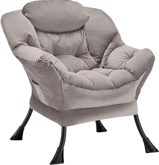 Fabric Lazy Chair Large Accent Chair,Velvet Frabic Modern Lounge Reading Chair with Armrests & Side Pocket,Upholstered Armchair for Living Room,Bedroom,Dorm,Light Grey - LeafyLoom