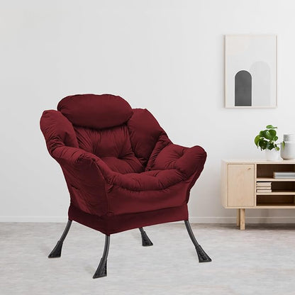 Lazy Chair Thick Padded, Accent Chair Velvet Upholstered with Wide Seat, Stable Metal Frame and Non-Slip Pad, Modern Sofa Armchair with Side Storage Bag for Dorm, Room, Office, Burgundy - LeafyLoom