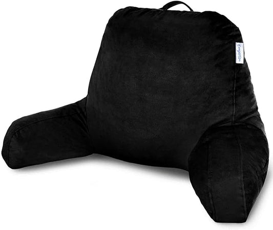 ComfortSpa Reading Pillow for Bed Adult Size, Back Rest Pillow with Arms, Pockets and Washable Cover; Use as Bed Pillows for Sitting Up in Bed for Bedrest or Relief from GERD Heartburn (Black) - LeafyLoom