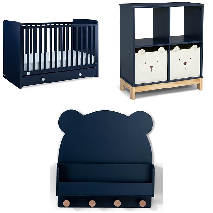 Delta Children babyGap Graham 4-in-1 Convertible Crib with Storage Drawer + Brannan Bear Bookcase with Bins + Brannan Bear Wall Shelf with 4 Hooks, Navy/Light Blue (Bundle) - LeafyLoom