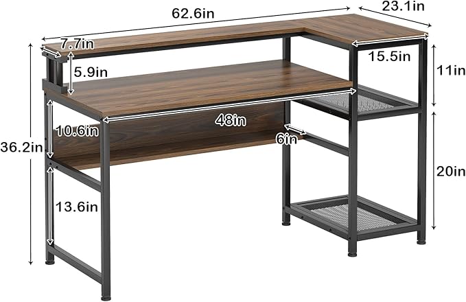 soges 62 Inch Computer Desk with Elevated Monitor Shelf, Home Office Desk with Storage Shelves, CPU Stand, Study Writing Table Workstation with Printer Stand - LeafyLoom