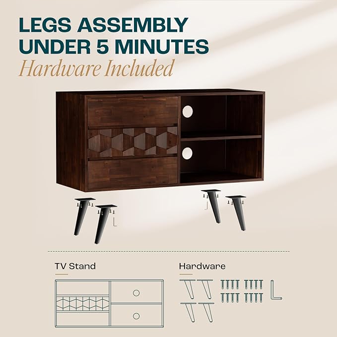 Bme Georgina 45 Inch Solid Wood TV Stand & Signature Queen Bed Frame with Handcrafted Geometric Headboard, Walnut - LeafyLoom