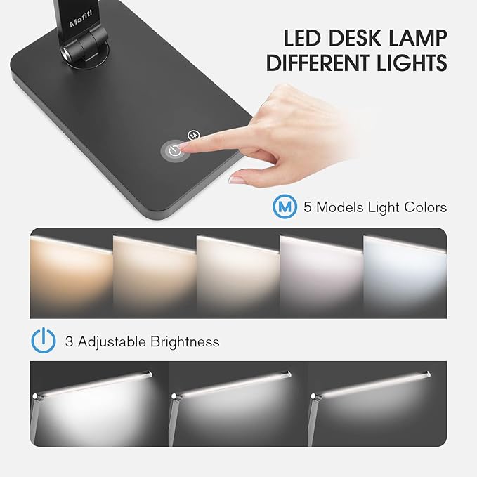 mafiti LED Desk Lamp for Home Office,Touch Desk Light 5 Light Modes 3 Brightness,Foldable Table Lamp with Adjustable Arm,Eye-Caring Lamp with USB Port, Bedside Lamp for working Reading Study,Black - LeafyLoom