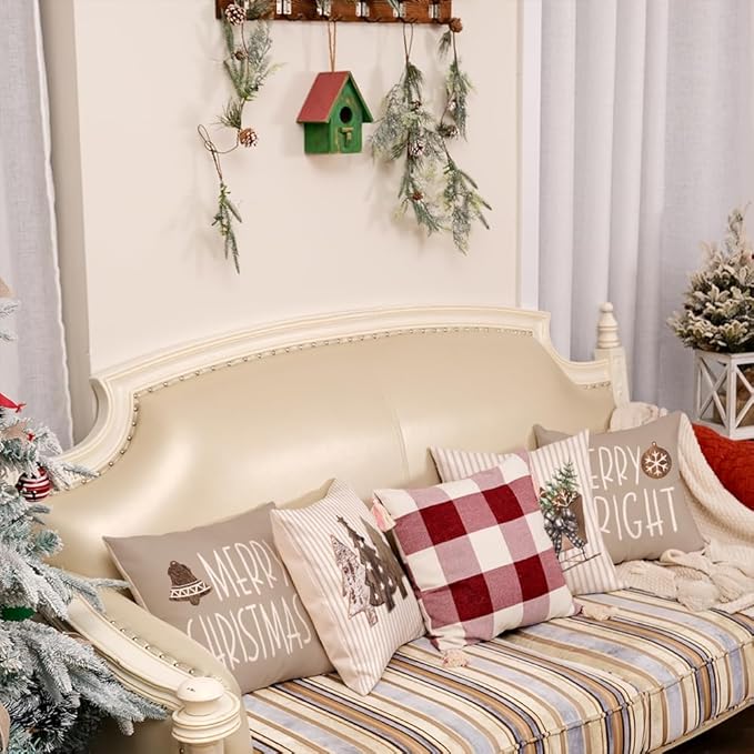 GEEORY Christmas Pillow Covers 16 x 16 Inch Set of 4, Striped Wooden Tree Snow Sleigh Merry Bright Xmas Holiday Decor Decorative Throw Cushion Case Decoration for Home Party Sofa Couch (Brown) GEEORY