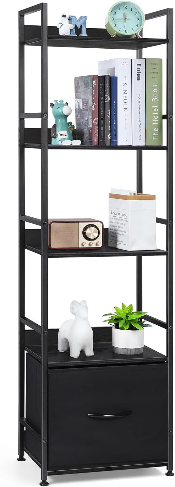 5 Tier Bookshelf with Storage, Bookcase with Drawers, Storage Shelves for Living Room / Home Office, Wood Shelves & Metal Shelf Organizer, Book Shelf for Bedroom, Tall & Ladder Bookshelf, Black - LeafyLoom