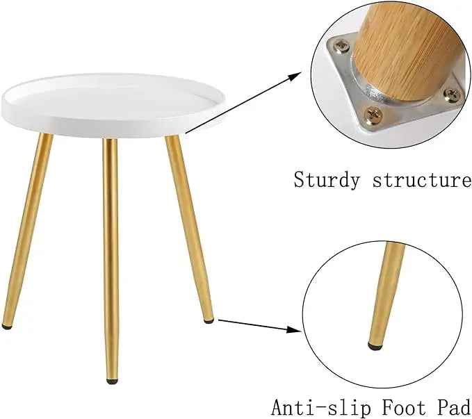 Round Side Table Wooden Tray Table with Metal Tripod Stand Nightstand Coffee Table End Table for Living Room Bedroom Office Small Spaces, 18" H x 15”D (White & Gold) - LeafyLoom