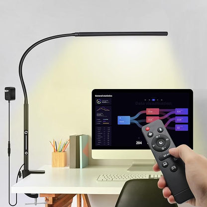 LED Desk Lamp for Office Home, Remote Control Desk Light with Stepless Dimming Adjustable Flexible Gooseneck,Eye-caring Clip on Table Lamp with 4 Color Modes, Workbench Drafting Reading Study bedrooms - LeafyLoom