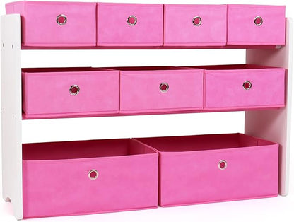 Humble Crew Kids Toy Organizer with 9 Collapsible Fabric Storage, White Wood and Pink Bins - LeafyLoom