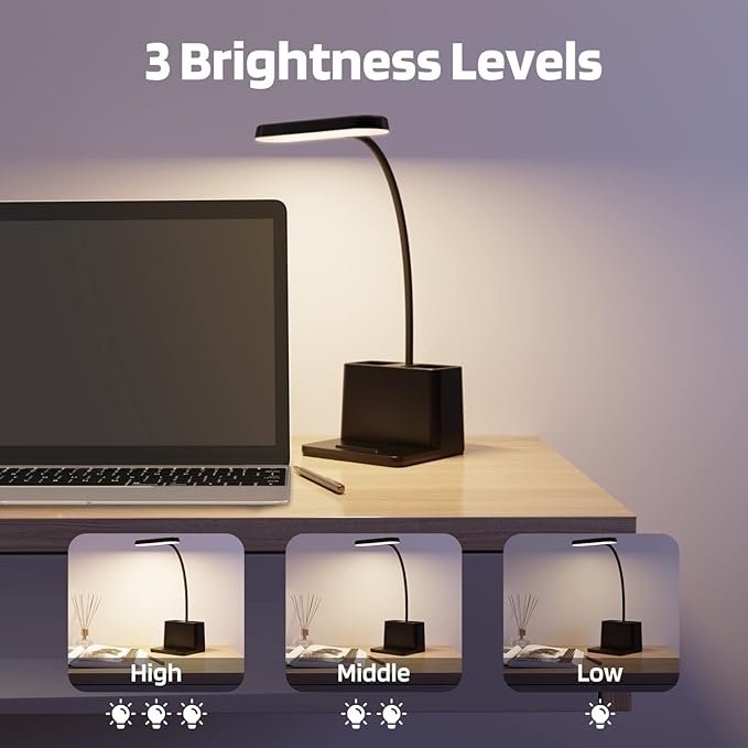 Battery Operated Desk Lamp, Small Desk Light for Home Office, Rechargeable Desktop Lamp, LED Portable Lamp with Adjustable Gooseneck, Black Study Reading Lamp for Kids - LeafyLoom