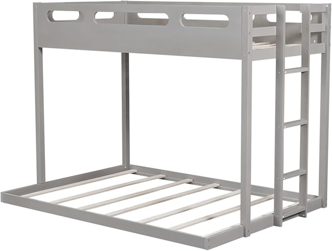 Twin Over Full Bunk Bed with Built-in Ladder, Solid Wood Floor Bedframe with Guardrail, Headboard and Footboard, for Kids Teens Adults, Bedroom/Dorm Bunkbeds, Gray - LeafyLoom