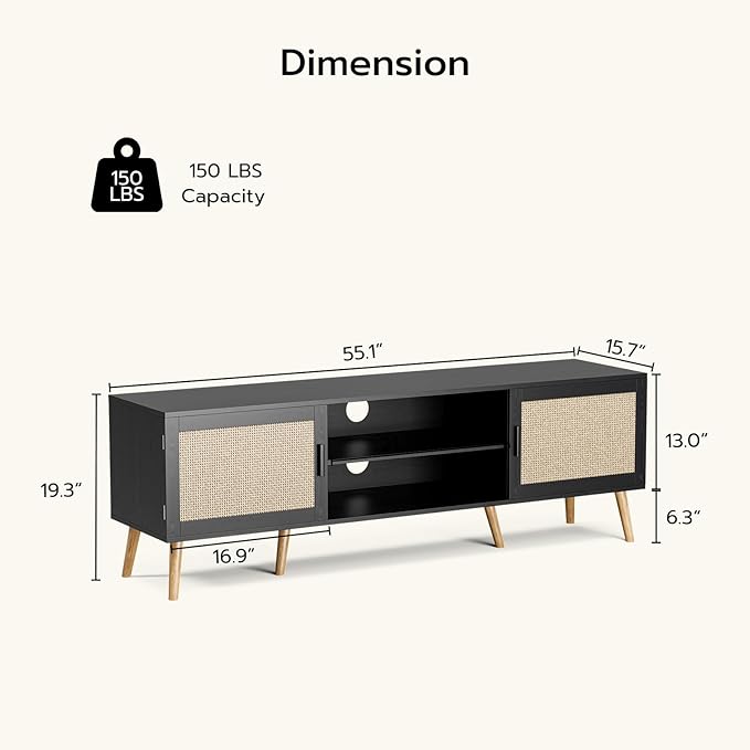 TV Stand for TVs up to 65'', Entertainment Center with Rattan Door, Shelves & 2 Cabinets, Boho Media TV Console for Living Room, Bedroom, Black - LeafyLoom