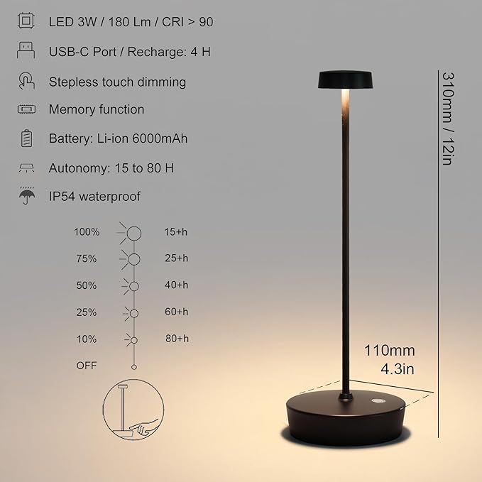 Cordless Table Lamp Rechargeable Outdoor Waterproof Portable Battery Operated LED Table Light - for Home Restaurant Desk Bar Patio Kitchen Dinning Party (Black) - LeafyLoom