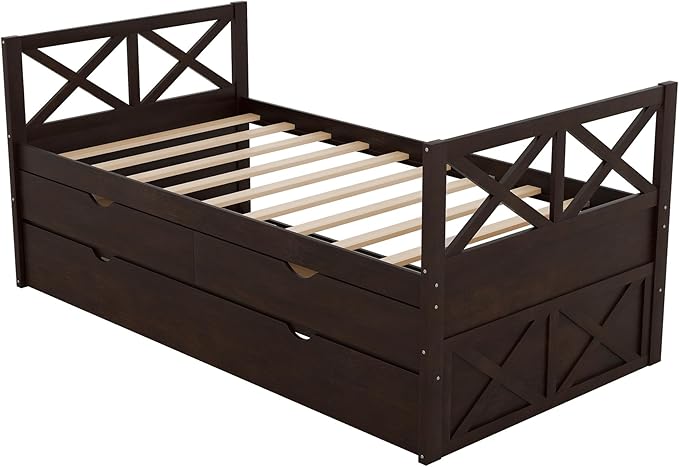 Twin Size Daybed with Storage Drawers and Trundle, Wood Captains Bed frame for Bedroom and Living Room, Espresso - LeafyLoom