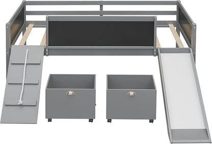 Twin Size Low Loft Bed with Slide and 2 Storage Boxes,Kids Low Loft Bed Frame with Climbing and Chalkboard,Solid Loft Bed Twin for Boys,Girls,Gray - LeafyLoom