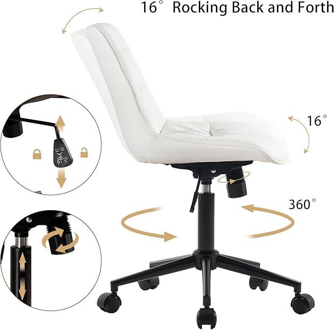 Kidol & Shellder Armless Office Chair Desk Chair Comfy Makeup Vanity Chair with Back Ergonomic Swivel Chair Home Office Desk Chairs with Wheels Rolling Computer Chair Bedroom Accent Chair(White) - LeafyLoom