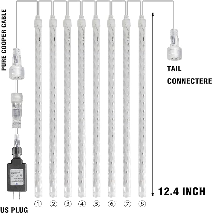 Dazzle Bright 288 LED Christmas Light, 11.8 Inch Meteor Shower Rain Lights with 8 Tubes，Waterproof Plug in Falling Rain Lights Christmas Decorations for Xmas Bushes Tree Yard Party, Blue and White DazzleBright