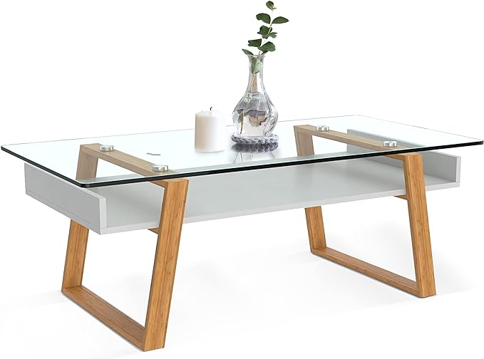 bonVIVO Modern Glass Coffee Table - Elegant Centerpiece for Living Room Decor with Tempered Glass Top, Sleek Design as A Gift for Home or Office Use, White - LeafyLoom