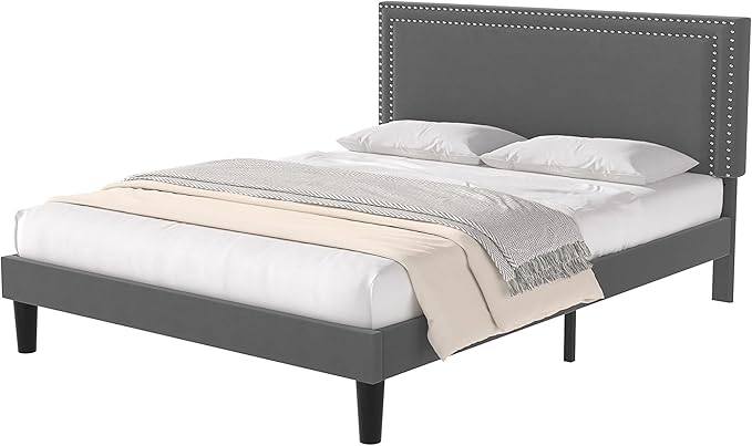 VECELO Full Size Platform Bed Frame with Height Adjustable Upholstered Headboard, Modern Mattress Foundation,Strong Wood Slat Support, No Box Spring Needed, Easy Assembly - LeafyLoom