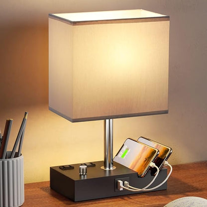 Kakanuo Table Lamp for Bedroom with Dual USB Ports, Grey Fully Dimmable Bedside Lamp with Phone Stands and 2 Charging Outlets, Desk Lamp for Nightstand and Living Room, LED Bulb Included - LeafyLoom