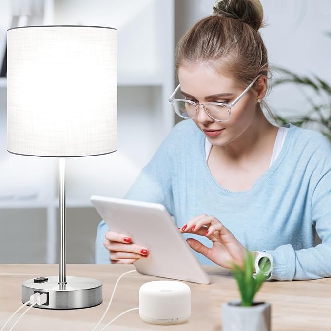 𝟮𝟬𝟮𝟯 𝗡𝗘𝗪 Set of 2 Touch White Table Lamps with 2 USB Ports & AC Outlet, 3-Way Dimmable Bedside Nightstand Lamps for Bedroom Living Room Nursery , 800 Lumens 5000K Daylight Bulbs Included - LeafyLoom