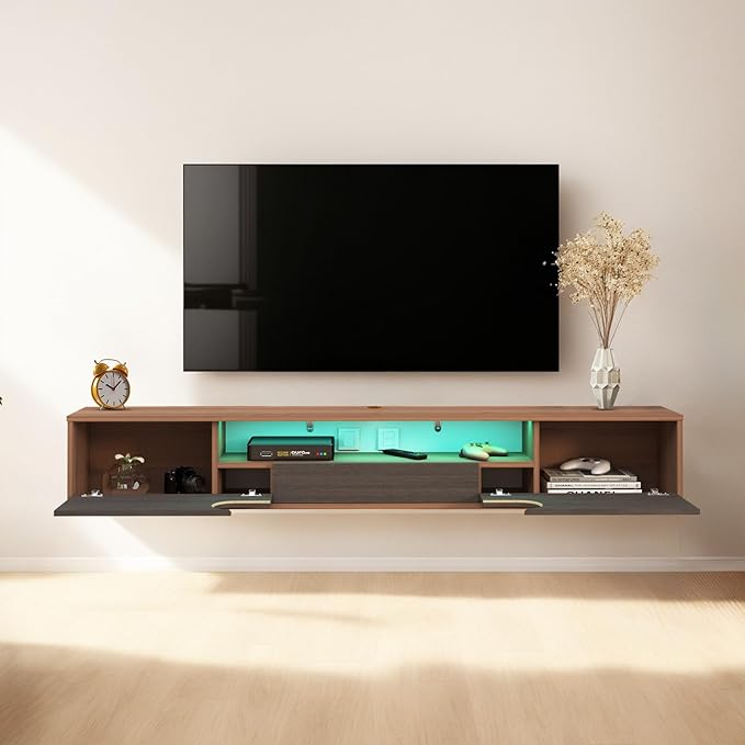 Pmnianhua Floating TV Stand with LED Lights,63'' Wall Mounted TV Cabinet Floating under TV Shelf Media Console Entertainment Center with Storage Living Room Playroom Bedroom(walnut) - LeafyLoom