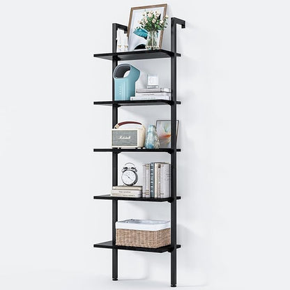 ODK Ladder Shelf, 5 Tier Black Bookshelf, 72 Inch Wall Mounted Book Shelf with Metal Frame, Ladder Bookshelf Bookcase for Bedroom, Home Office and Living Room - LeafyLoom