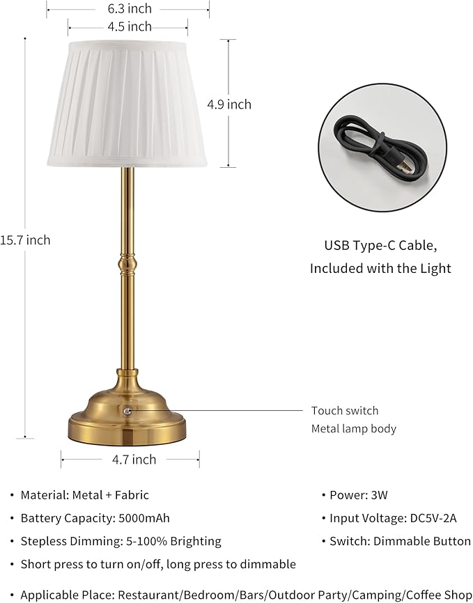 KDG Cordless LED Table Lamp Set of 2, Portables Fabric Shade Desk Lamps, 5000mAh Rechargeable Battery Powered Lighting, Dimmable Light for Dining Room, Bedroom, Bedside, Night Light, Balcony (Bronze) - LeafyLoom