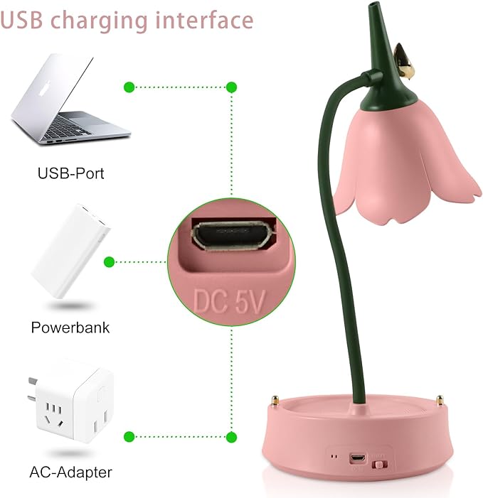 Himmel Flower Desk Lamp, Dimmable LED Kid Desk Lamp with 3 Colour Temperatures, Cordless Rechargeable Desk Lamp with Touch Sensor and Flexible Arm, USB Bedside Lamp for Reading, Learning - LeafyLoom