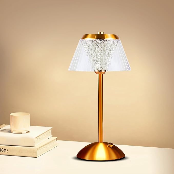 Portable Crystal Table Lamp,Cordless Metal Vintage Desk Lamp,3 Color Touch Control Rechargeable Lamp,3-Levels Brightness Room Decor Desk Lamp,Living Room,Kitchen,Dining Room Lamp (Gold) - LeafyLoom