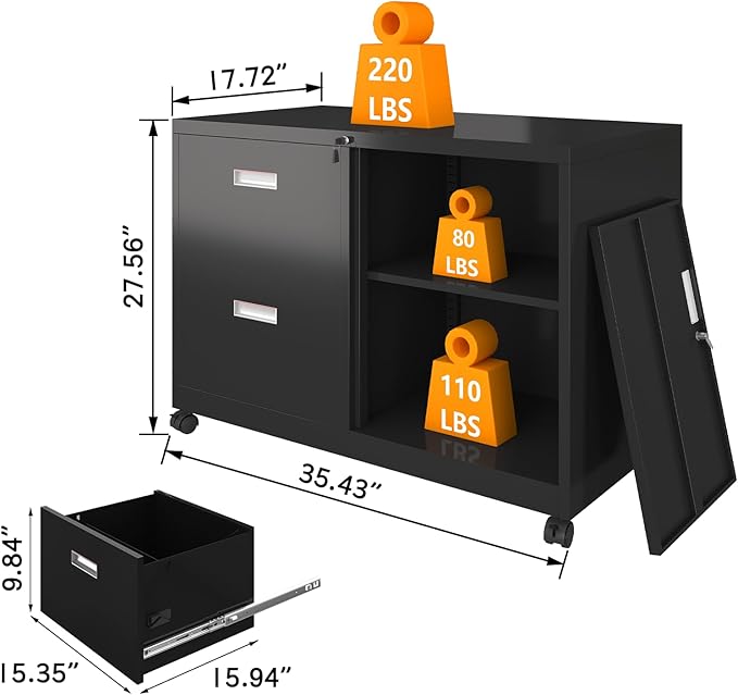 Metal File Cabinet Printer Stand with 2 lockable full extension drawers and 1 lockable door, adjustable shelf, for Home office and Study room Organizer Letters/Legal/A4,BLACK - LeafyLoom