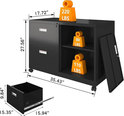 Metal File Cabinet Printer Stand with 2 lockable full extension drawers and 1 lockable door, adjustable shelf, for Home office and Study room Organizer Letters/Legal/A4,BLACK - LeafyLoom