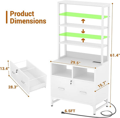 Homieasy File Cabinet with Charging Station, Vertical Filing Cabinet with Lock & Large Drawer, Printer Stand with Storage Shelves, Office Storage Cabinet fits Letter/A4/Legal Size, White - LeafyLoom