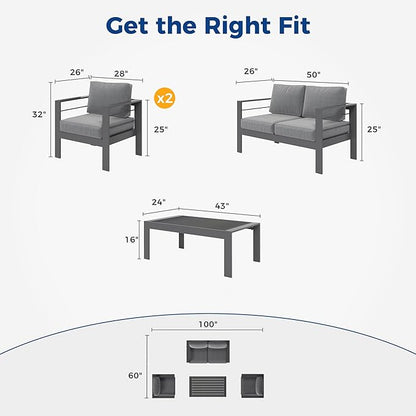 Wisteria Lane Outdoor Patio Furniture Set, 4 Pieces Aluminum Sectional Sofa, Metal Patio Conversation Set with Loveseat, 5 Inch Grey Cushion and Coffee Table (Dark Grey & Grey) - LeafyLoom