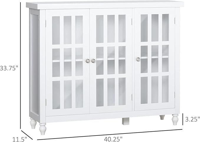 HOMCOM Sideboard, Buffet Cabinet with 3 Tempered Glass Doors, Stripe Pattern and Adjustable Storage Shelf, Credenza, White - LeafyLoom